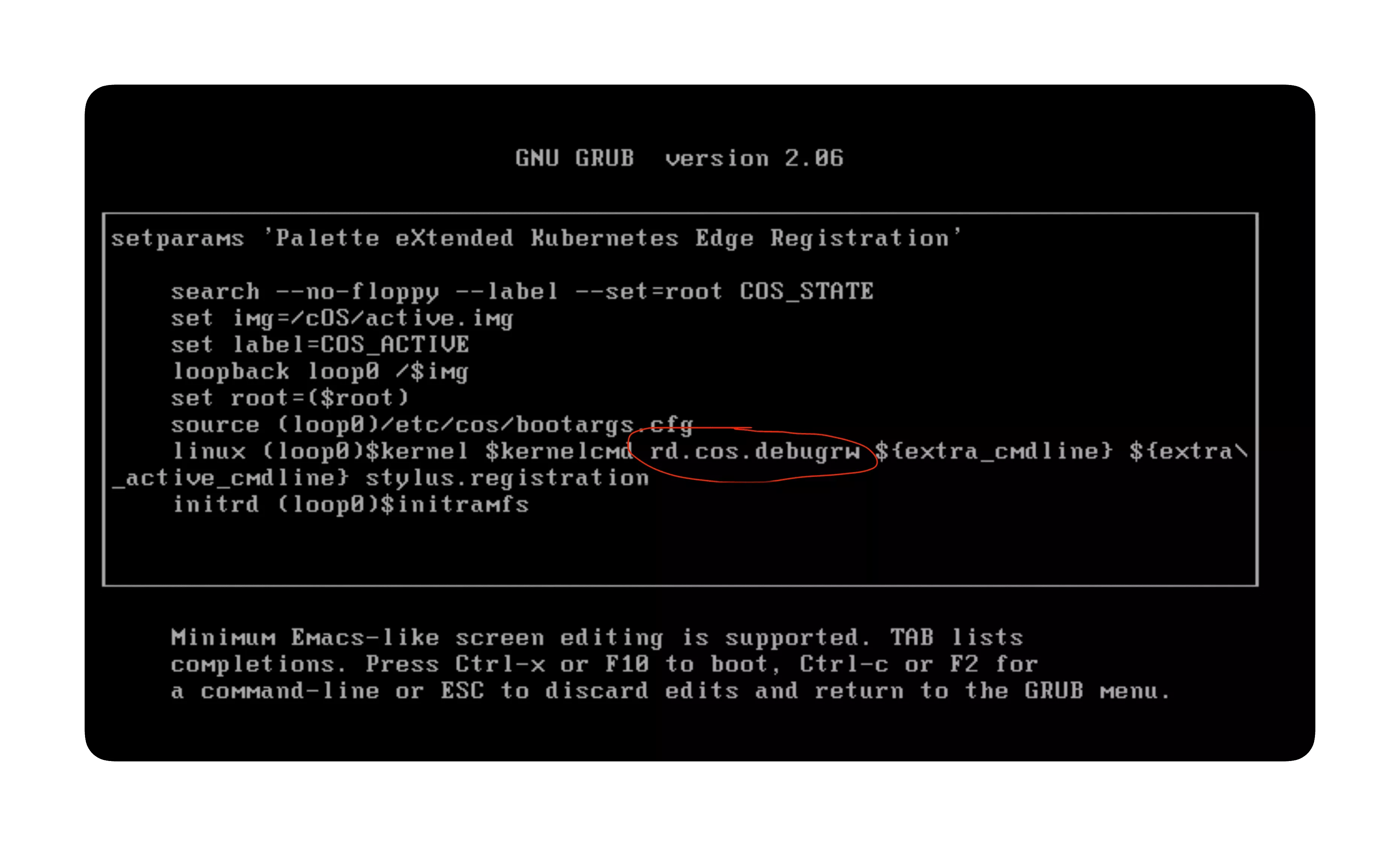 The grubmenu displays with the command rd.cos.debugrw typed in the terminal.